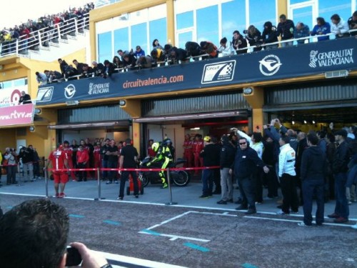 rossi leaving the garage on the ducati